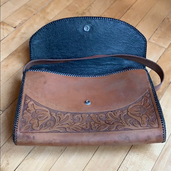 Tooled Brown Leather Western Bag Silver Concho - Picture 4 of 8